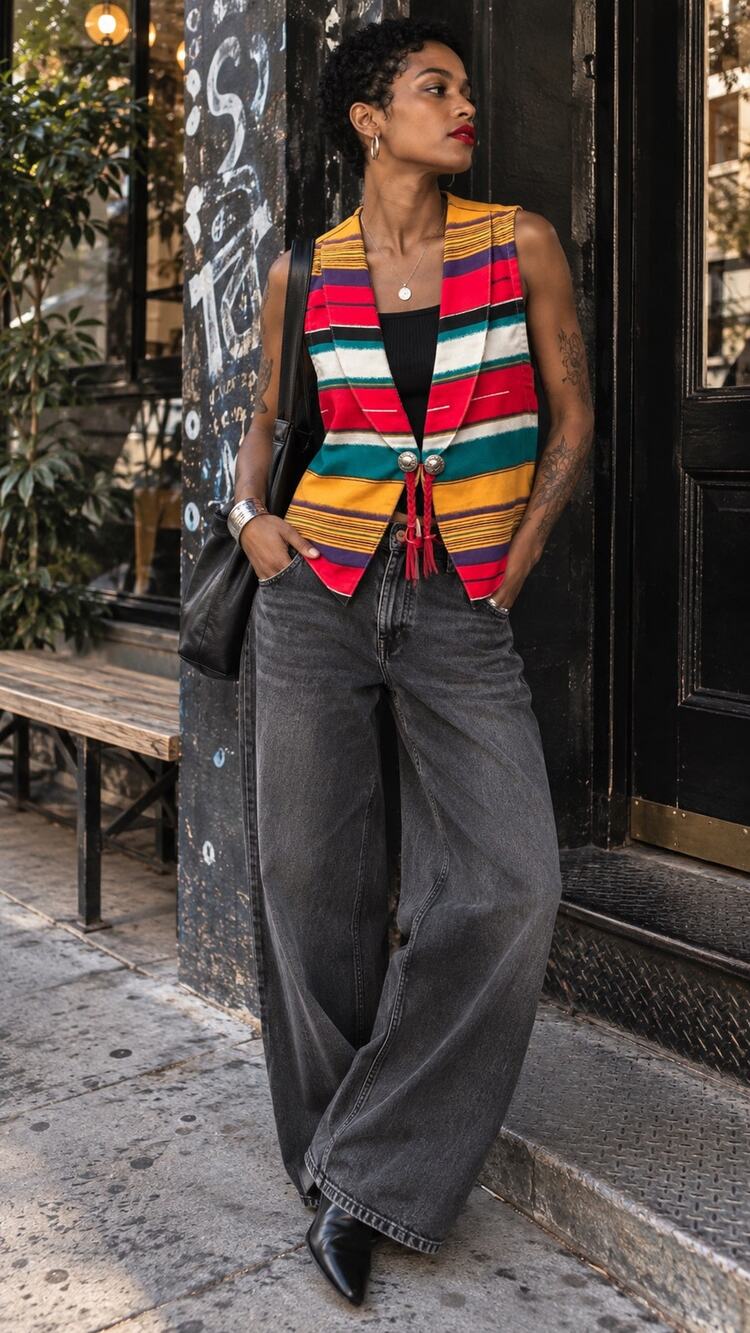 Vintage Southwestern Striped Vest Concho Tie Western Boho Colorblock Medium